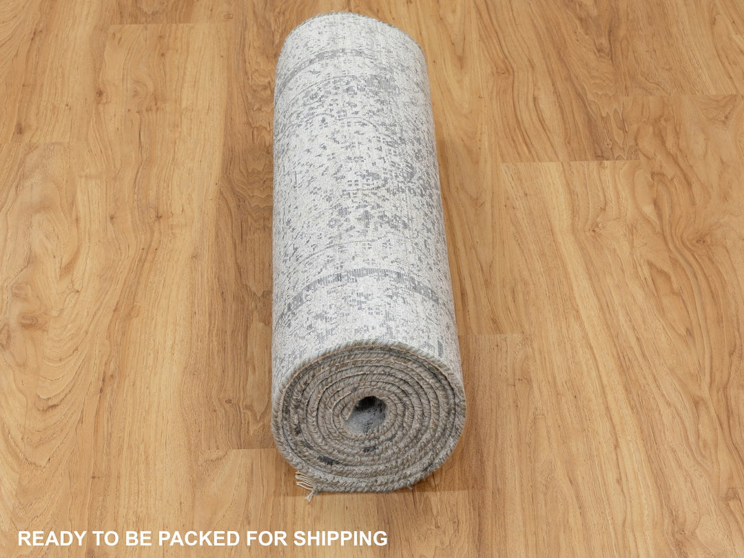 2'7" x 12'0" New Hand Knotted Grey Wool & Silk Runner Oriental Rug - MOA10258556