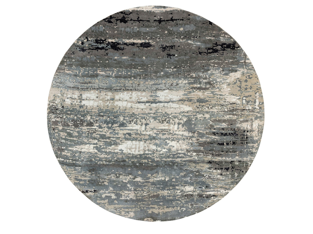 10'0" x 10'0" New Hand Knotted Grey Wool & Silk Round Oriental Rug - MOA10258559