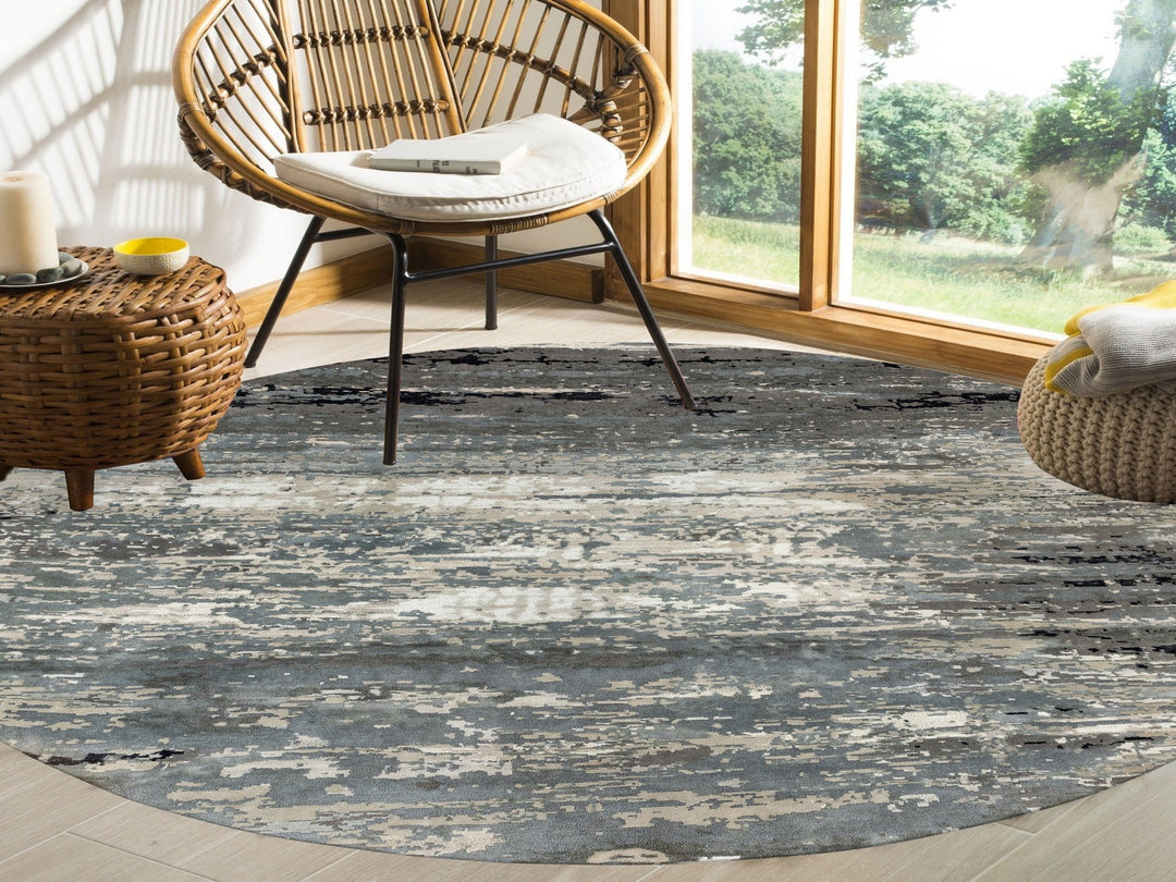 10'0" x 10'0" New Hand Knotted Grey Wool & Silk Round Oriental Rug - MOA10258559