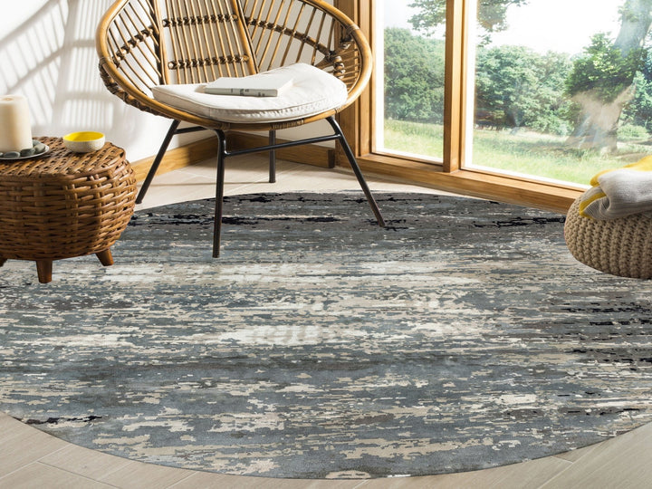 10'0" x 10'0" New Hand Knotted Grey Wool & Silk Round Oriental Rug - MOA10258559