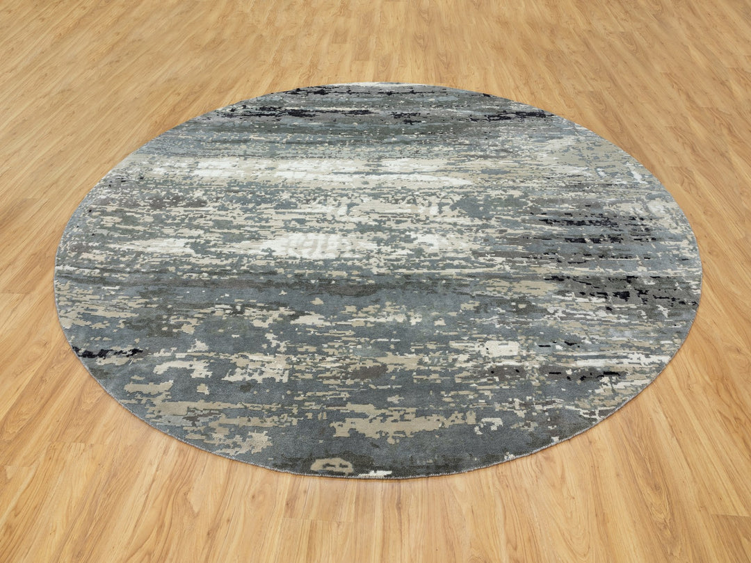 10'0" x 10'0" New Hand Knotted Grey Wool & Silk Round Oriental Rug - MOA10258559