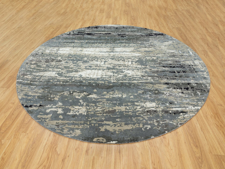 10'0" x 10'0" New Hand Knotted Grey Wool & Silk Round Oriental Rug - MOA10258559