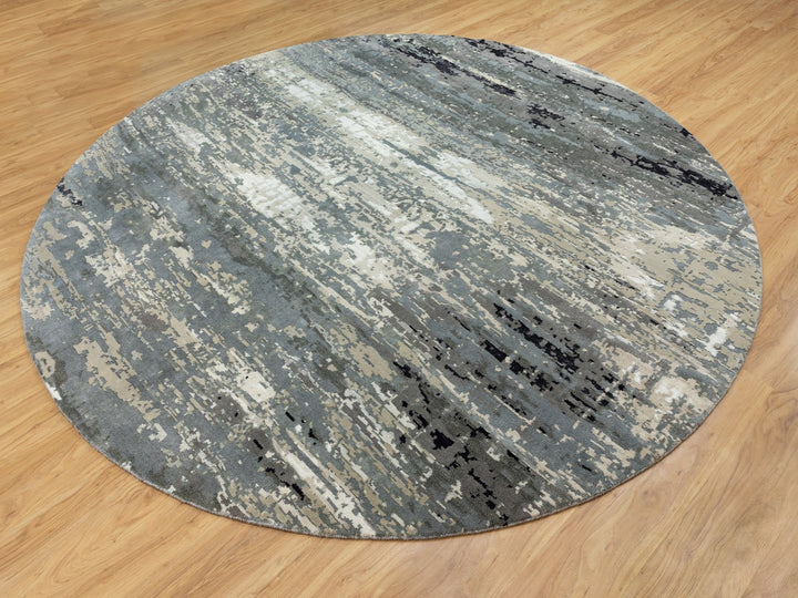 10'0" x 10'0" New Hand Knotted Grey Wool & Silk Round Oriental Rug - MOA10258559