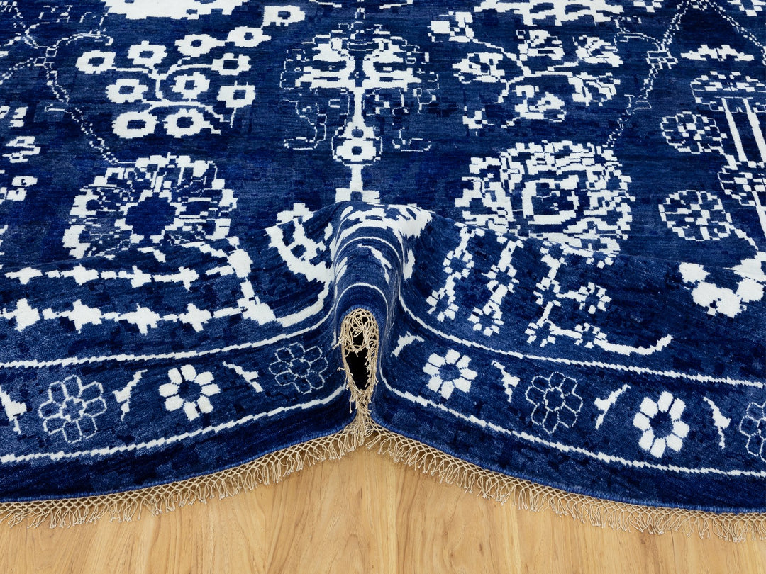 14'0" x 14'0" New Hand Knotted Blue Wool & Silk Round Oriental Rug - MOA10258562