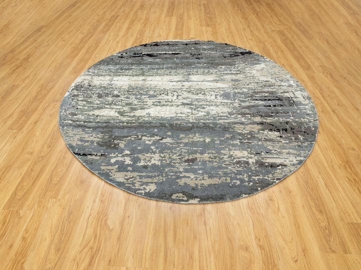 8'3" x 8'3" New Hand Knotted Grey Wool & Silk Round Oriental Rug - MOA10258564