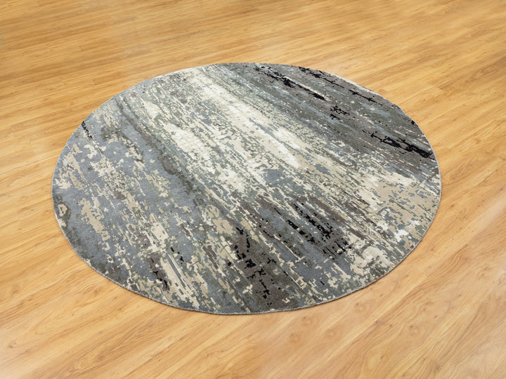 8'3" x 8'3" New Hand Knotted Grey Wool & Silk Round Oriental Rug - MOA10258564