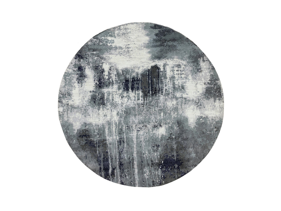 8'0" x 8'0" New Hand Knotted Grey Wool & Silk Round Oriental Rug - MOA10258573