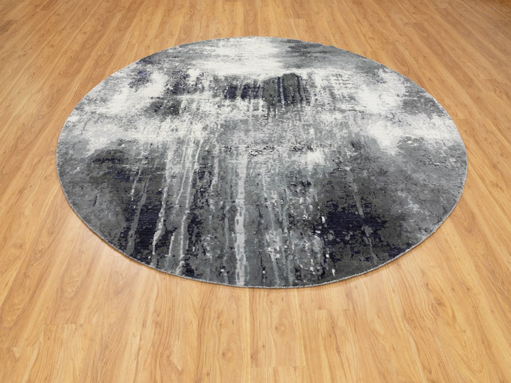 8'0" x 8'0" New Hand Knotted Grey Wool & Silk Round Oriental Rug - MOA10258573