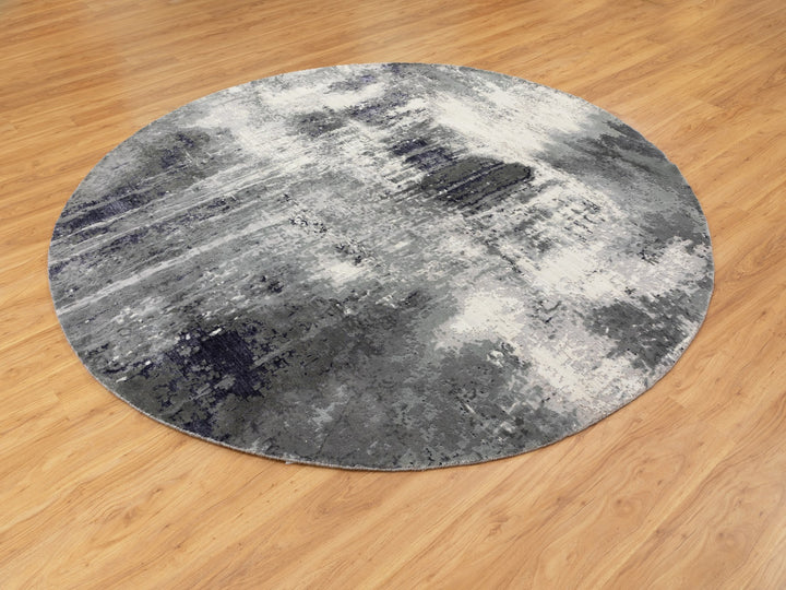 8'0" x 8'0" New Hand Knotted Grey Wool & Silk Round Oriental Rug - MOA10258573