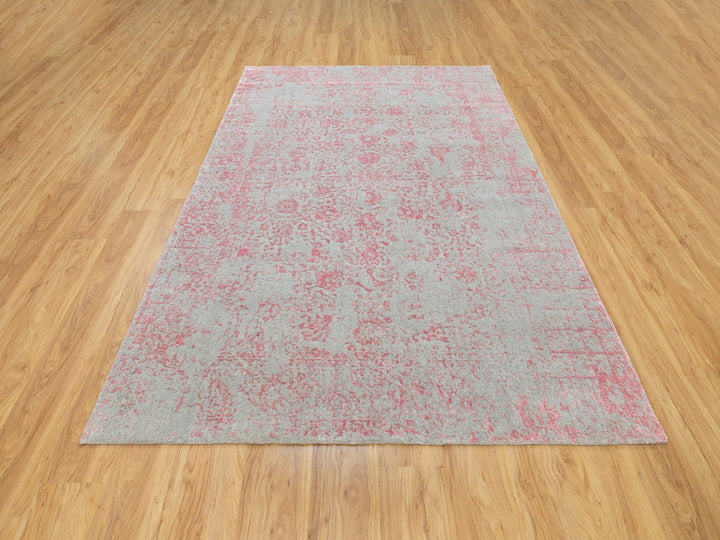 6'0" x 9'0" New Hand Loomed Pink Wool & Art Silk Rectangle Oriental Rug - MOA10258599