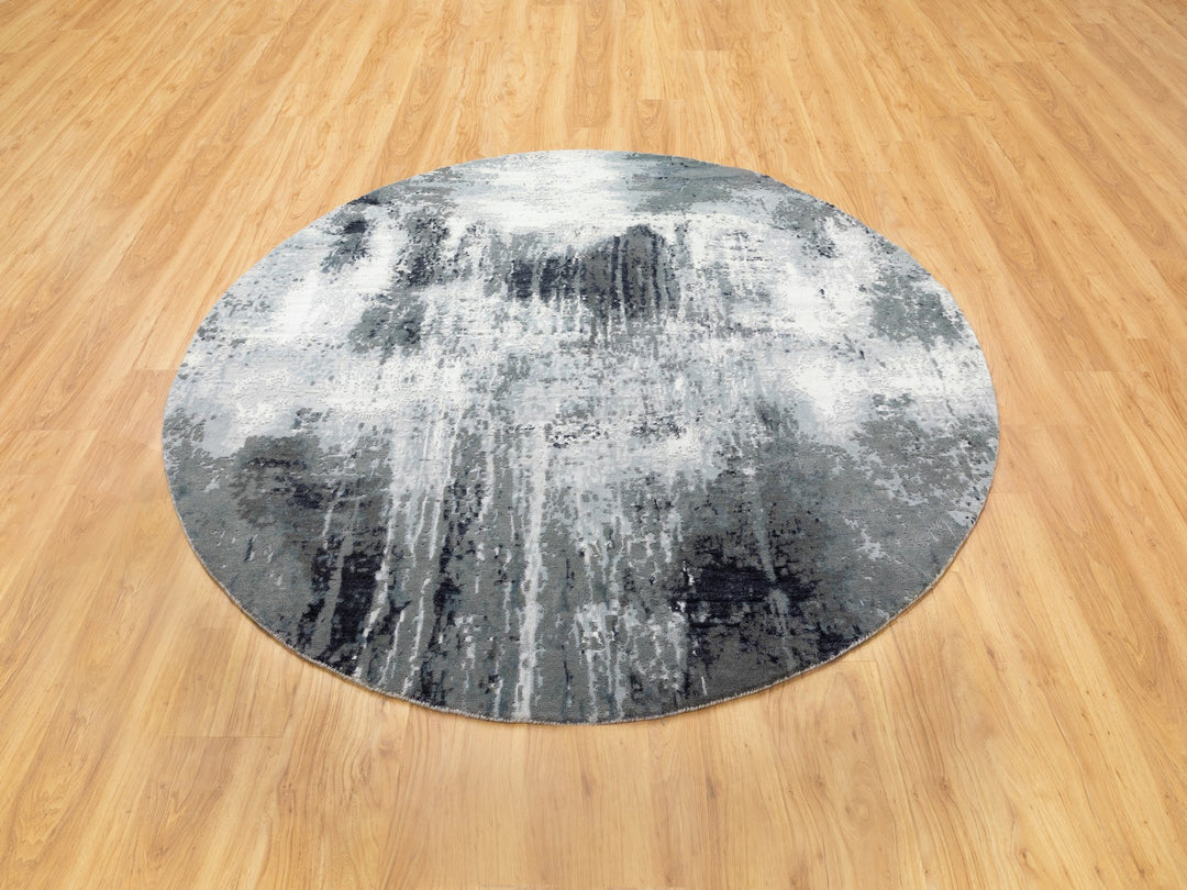 6'2" x 6'2" New Hand Knotted Grey Wool & Silk Round Oriental Rug - MOA10258623