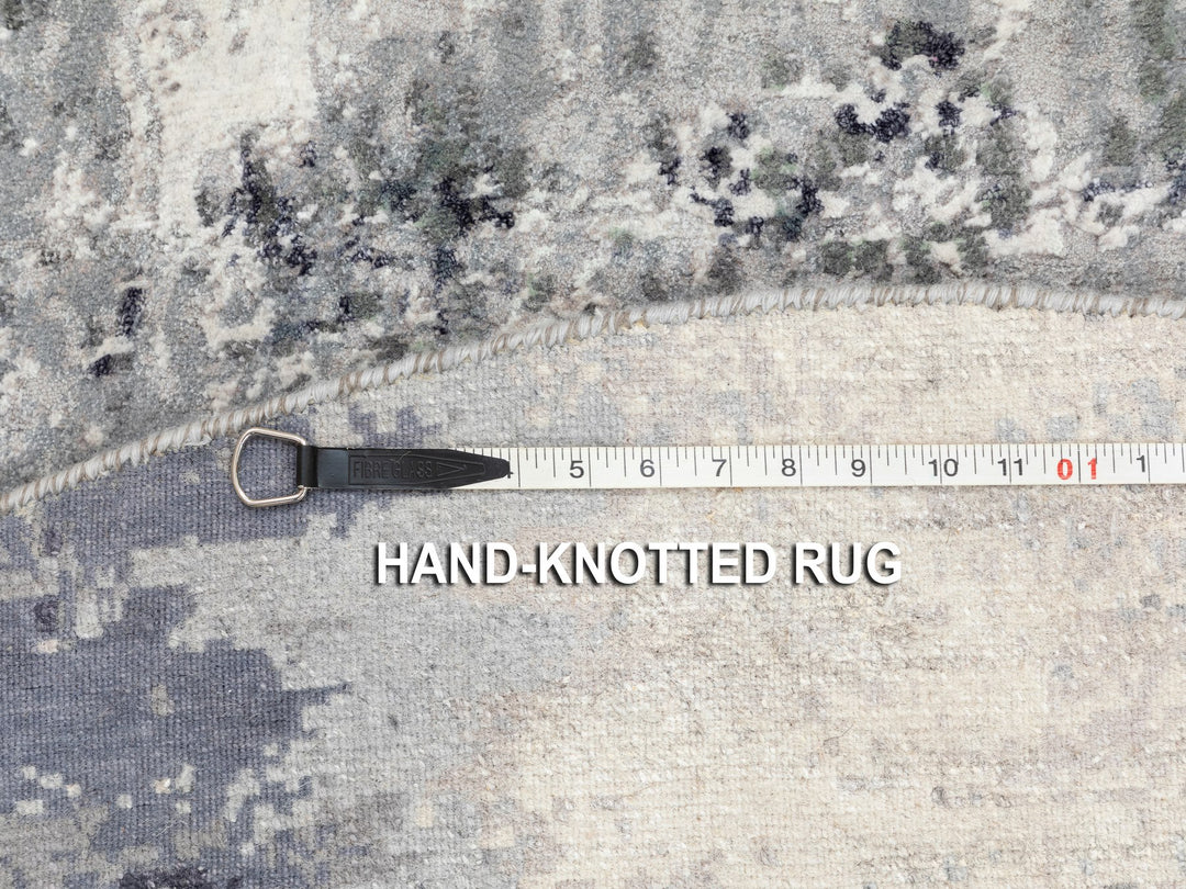 6'2" x 6'2" New Hand Knotted Grey Wool & Silk Round Oriental Rug - MOA10258623