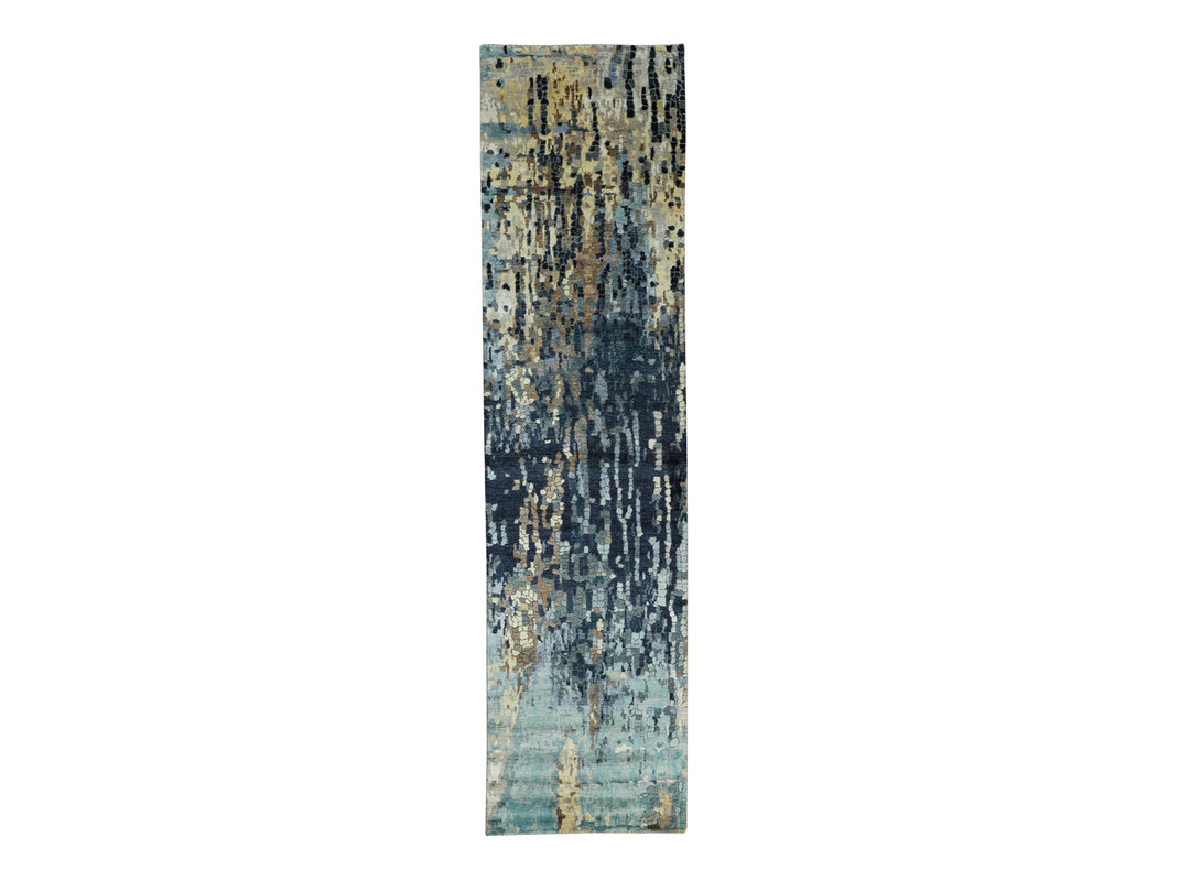 2'6" x 9'10" New Hand Knotted Blue Wool & Silk Runner Oriental Rug - MOA10258873