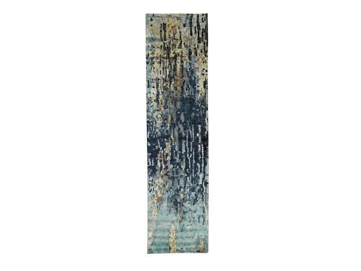 2'6" x 9'10" New Hand Knotted Blue Wool & Silk Runner Oriental Rug - MOA10258873