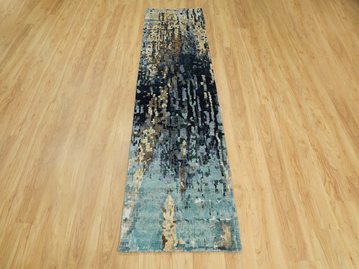 2'6" x 9'10" New Hand Knotted Blue Wool & Silk Runner Oriental Rug - MOA10258873