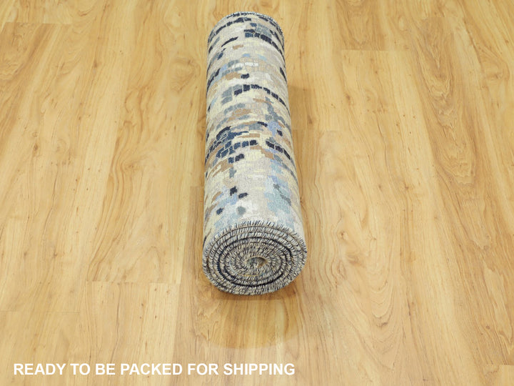 2'6" x 9'10" New Hand Knotted Blue Wool & Silk Runner Oriental Rug - MOA10258873