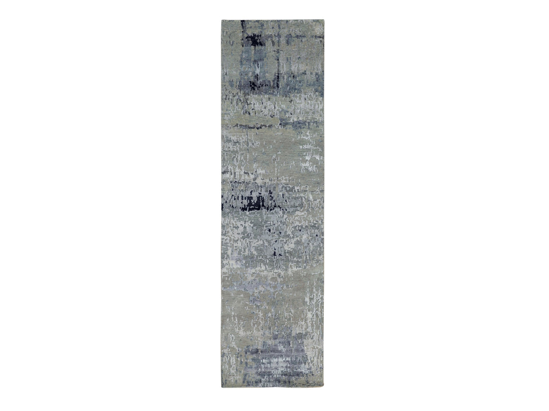 2'7" x 9'9" New Hand Knotted Grey Wool & Silk Runner Oriental Rug - MOA10258874