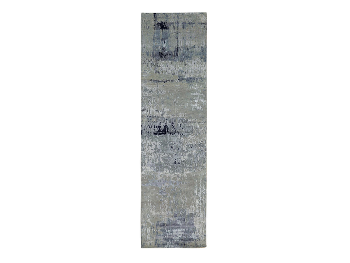 2'7" x 9'9" New Hand Knotted Grey Wool & Silk Runner Oriental Rug - MOA10258874