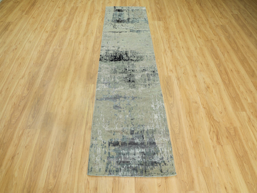 2'8" x 9'9" New Hand Knotted Grey Wool & Silk Runner Oriental Rug - MOA10258875