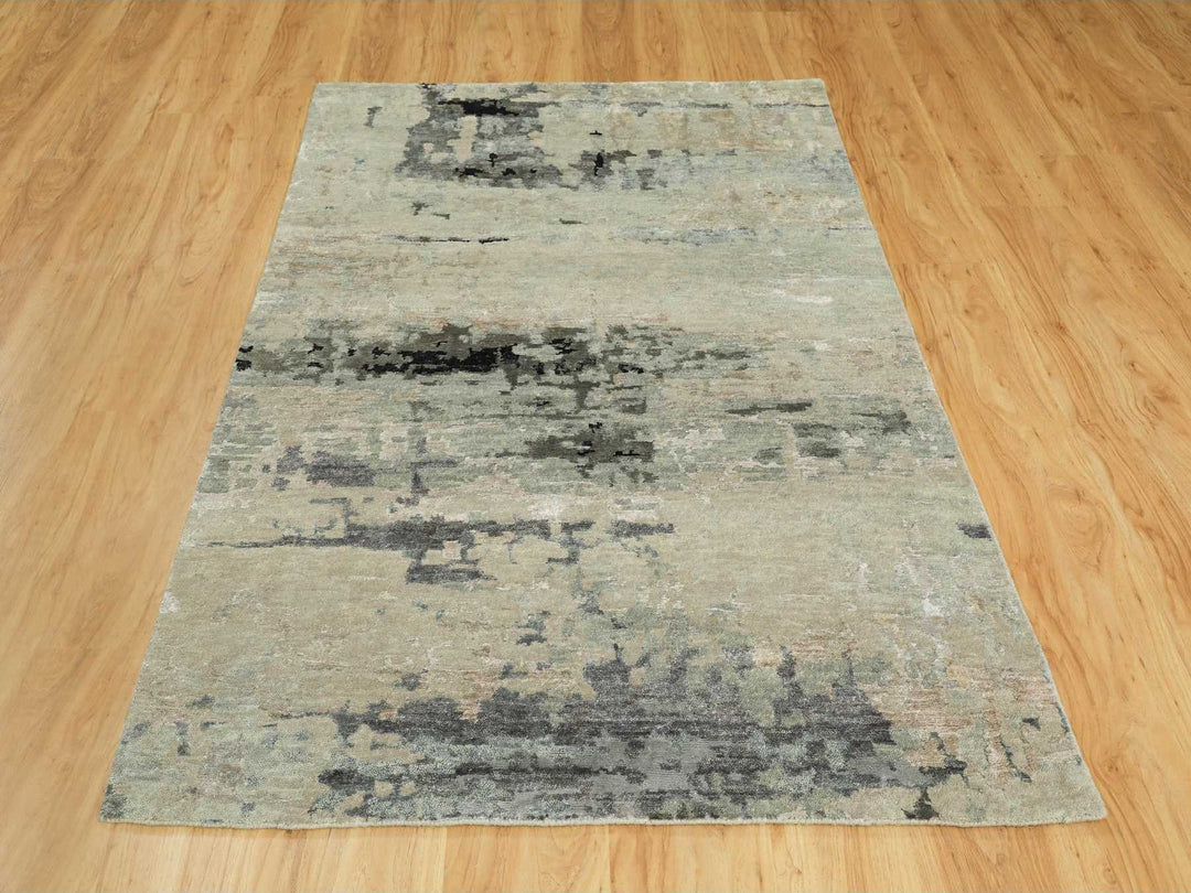 4'0" x 6'0" New Hand Knotted Beige Wool & Silk Rectangle Oriental Rug - MOA10258878