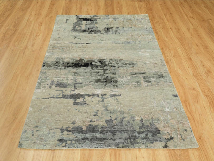 4'0" x 6'0" New Hand Knotted Beige Wool & Silk Rectangle Oriental Rug - MOA10258878