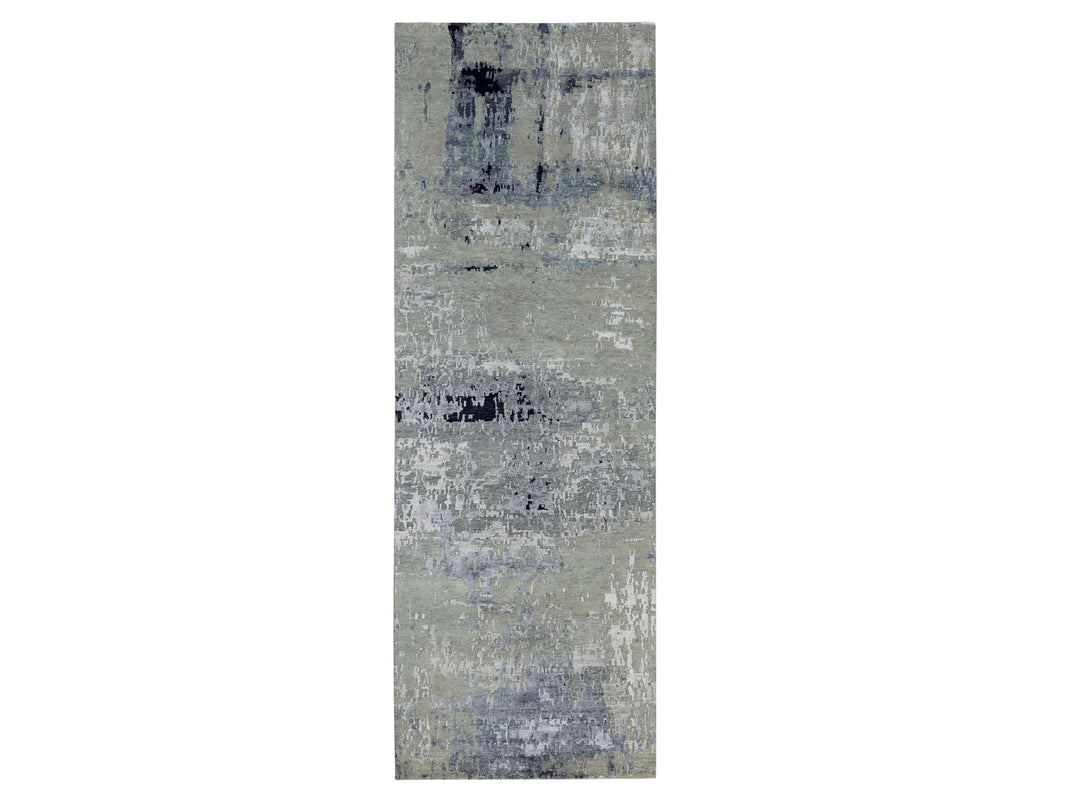 4'0" x 10'0" New Hand Knotted Grey Wool & Silk Runner Oriental Rug - MOA10258880