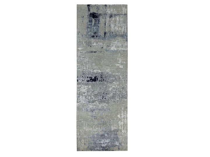 4'0" x 10'0" New Hand Knotted Grey Wool & Silk Runner Oriental Rug - MOA10258880