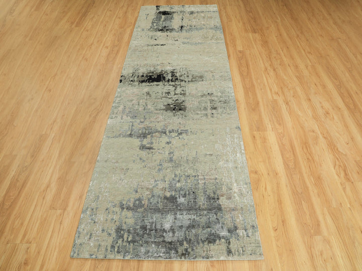 4'0" x 10'0" New Hand Knotted Grey Wool & Silk Runner Oriental Rug - MOA10258880