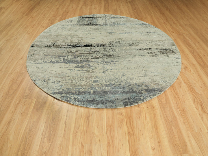 8'0" x 8'0" New Hand Knotted Grey Wool & Silk Round Oriental Rug - MOA10258881