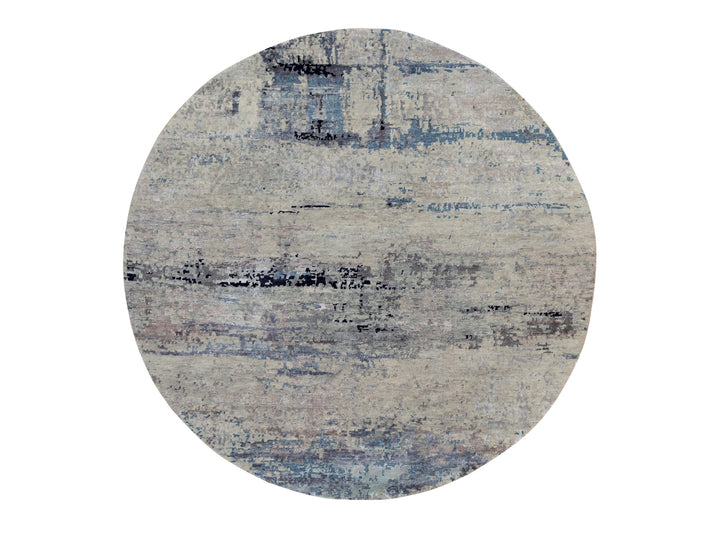 8'0" x 8'0" New Hand Knotted Grey Wool & Silk Round Oriental Rug - MOA10258882