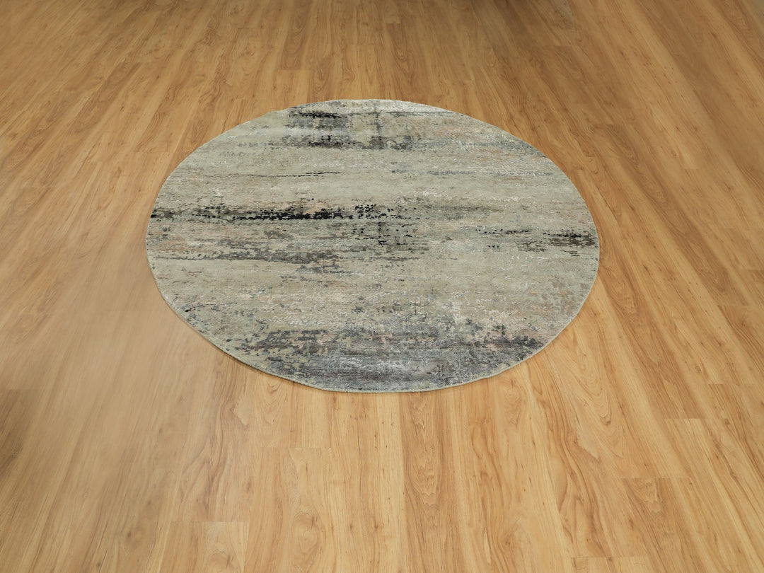 6'0" x 6'0" New Hand Knotted Grey Wool & Silk Round Oriental Rug - MOA10258883