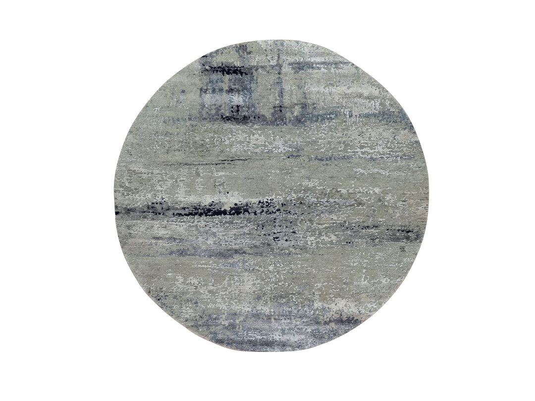 6'0" x 6'0" New Hand Knotted Grey Wool & Silk Round Oriental Rug - MOA10258884