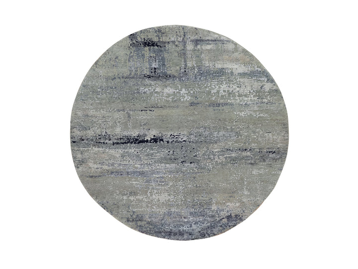 7'0" x 7'0" New Hand Knotted Grey Wool & Silk Round Oriental Rug - MOA10258885