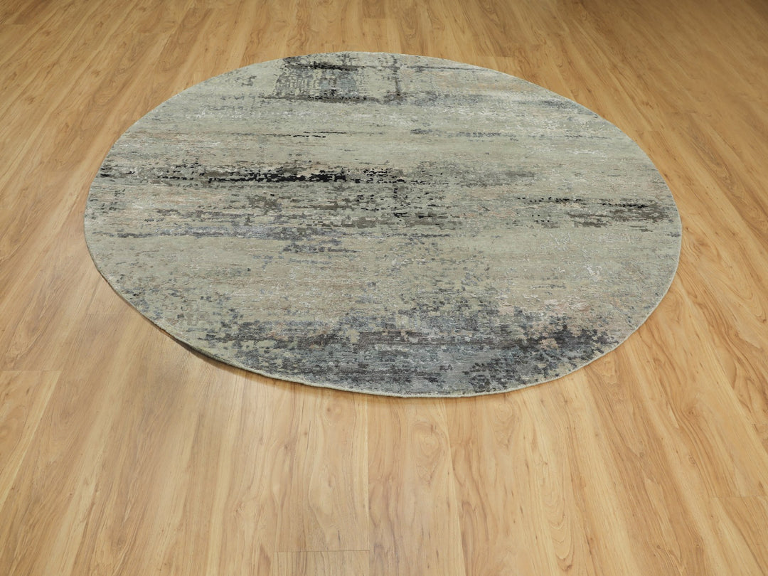 7'0" x 7'0" New Hand Knotted Grey Wool & Silk Round Oriental Rug - MOA10258885