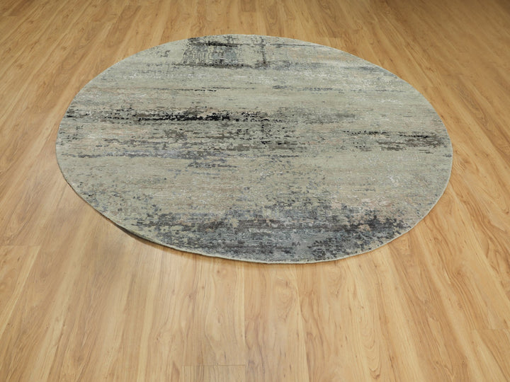 7'0" x 7'0" New Hand Knotted Grey Wool & Silk Round Oriental Rug - MOA10258885