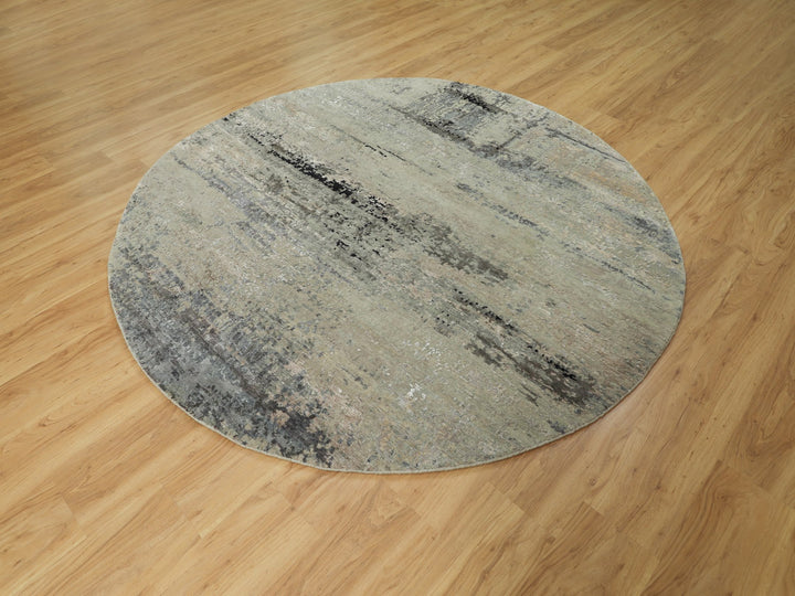 7'0" x 7'0" New Hand Knotted Grey Wool & Silk Round Oriental Rug - MOA10258885