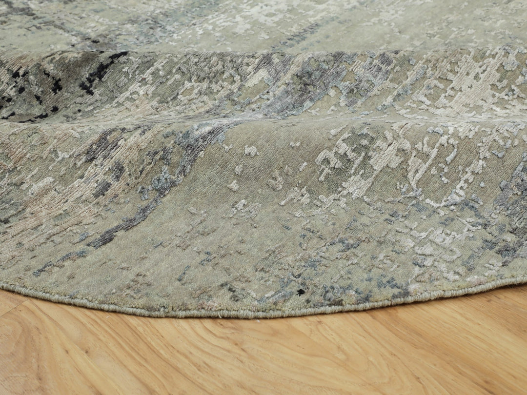 7'0" x 7'0" New Hand Knotted Grey Wool & Silk Round Oriental Rug - MOA10258885
