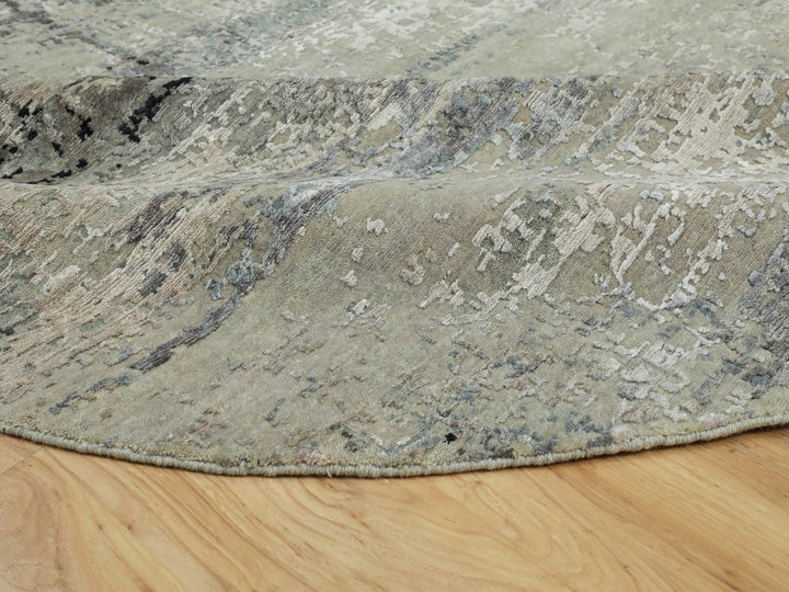 7'0" x 7'0" New Hand Knotted Grey Wool & Silk Round Oriental Rug - MOA10258885