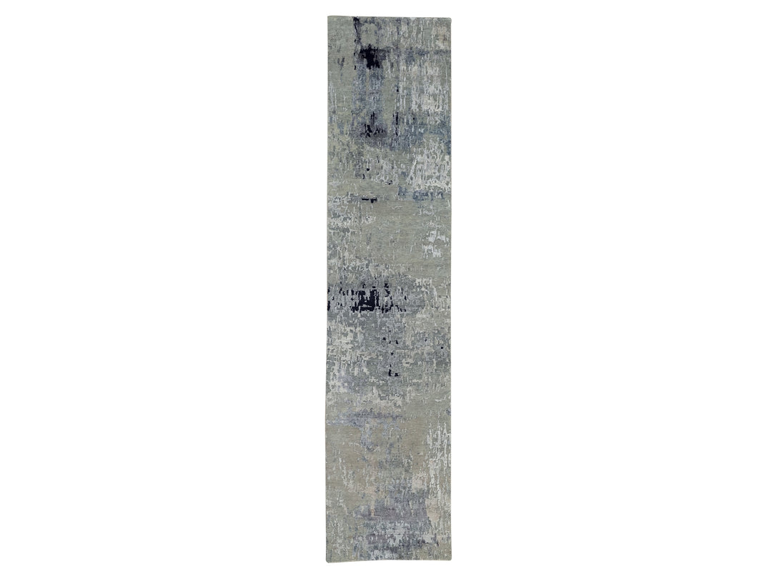 2'9" x 12'0" New Hand Knotted Grey Wool & Silk Runner Oriental Rug - MOA10258887