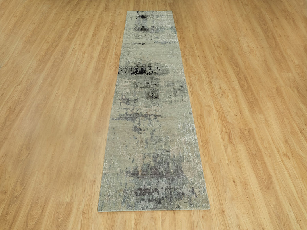 2'9" x 12'0" New Hand Knotted Grey Wool & Silk Runner Oriental Rug - MOA10258887