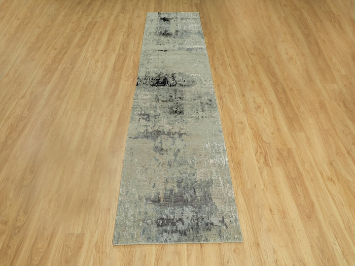 2'9" x 12'0" New Hand Knotted Grey Wool & Silk Runner Oriental Rug - MOA10258887