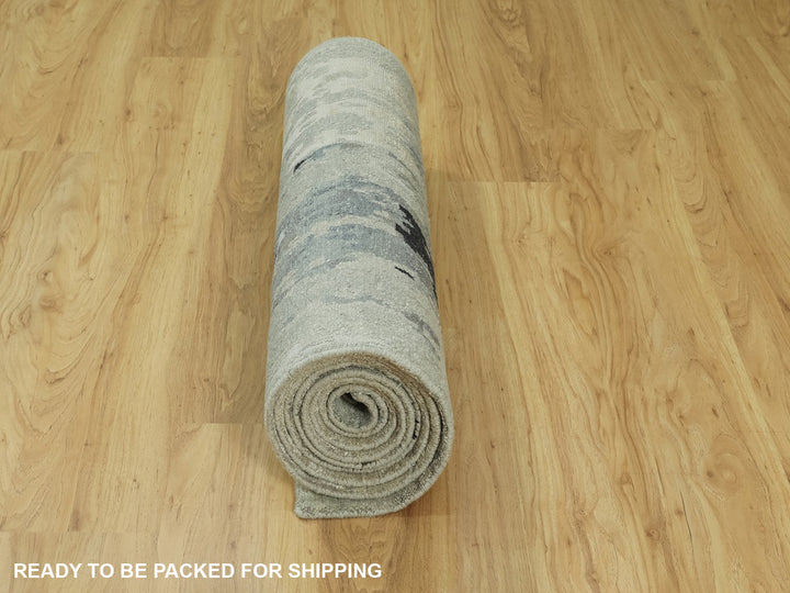 2'9" x 12'0" New Hand Knotted Grey Wool & Silk Runner Oriental Rug - MOA10258887