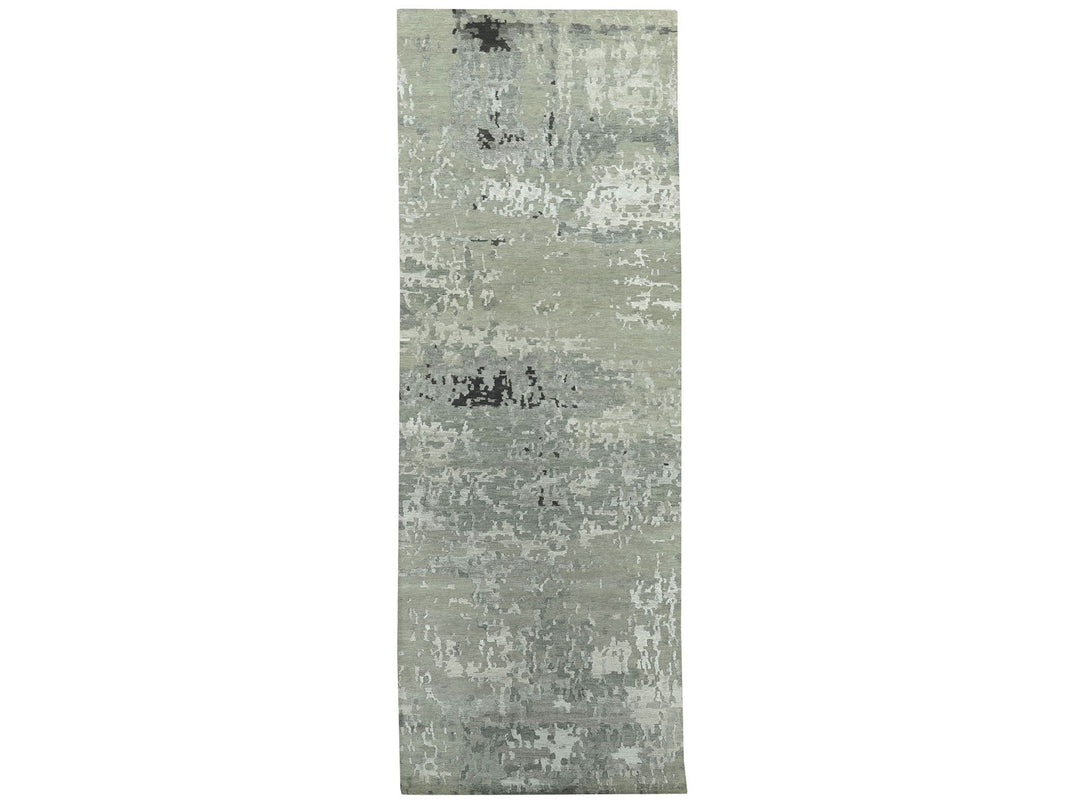 2'8" x 19'10" New Hand Knotted Grey Wool & Silk Runner Oriental Rug - MOA10258890