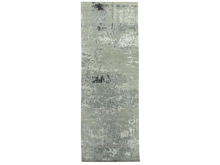 2'8" x 19'10" New Hand Knotted Grey Wool & Silk Runner Oriental Rug - MOA10258890