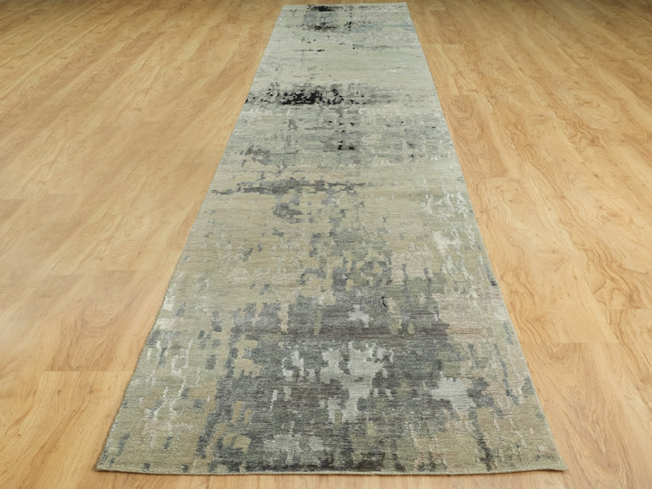 2'8" x 19'10" New Hand Knotted Grey Wool & Silk Runner Oriental Rug - MOA10258890