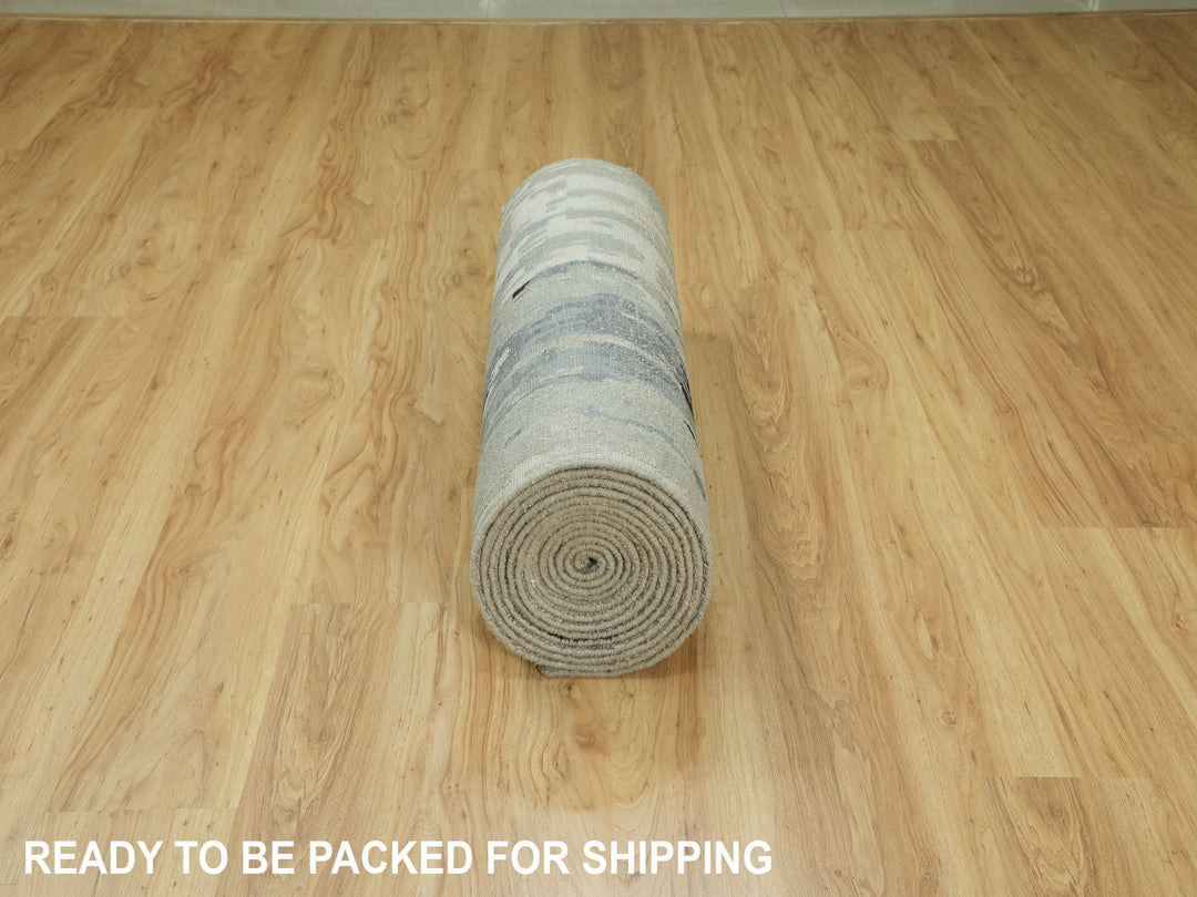 2'8" x 19'10" New Hand Knotted Beige Wool & Silk Runner Oriental Rug - MOA10258890