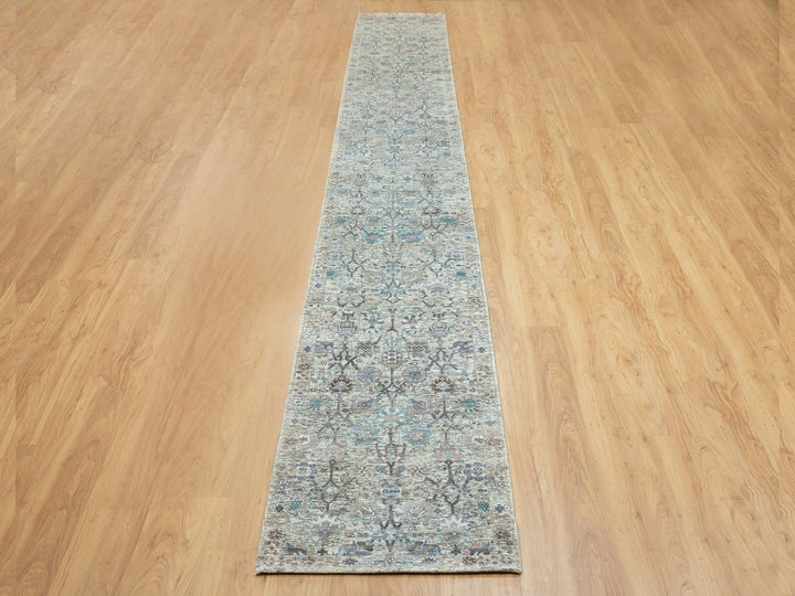 2'5" x 20'5" New Hand Knotted Ivory Wool & Silk Runner Oriental Rug - MOA10258946