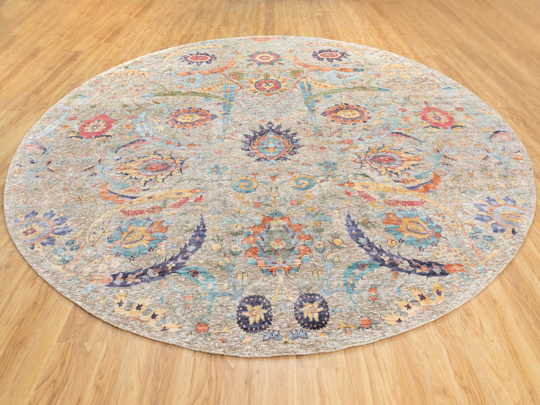 12'0" x 12'0" New Hand Knotted Beige Wool & Silk Round Oriental Rug - MOA10258965