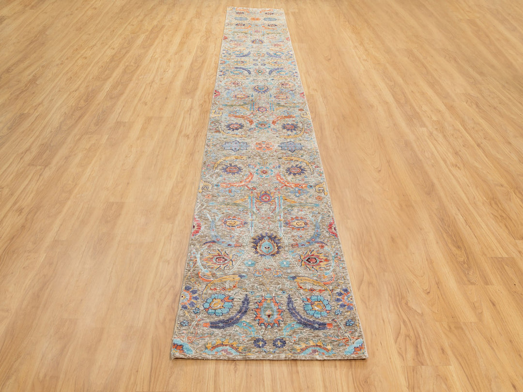 2'6" x 16'4" New Hand Knotted Beige Wool & Silk Runner Oriental Rug - MOA10258966