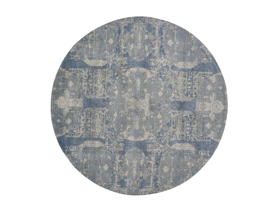 8'1" x 8'1" New Hand Knotted Blue Wool & Pure Silk Round Oriental Rug - MOA10259000